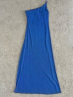 Y2K One Shoulder Mermaid Shimmer Royal Blue Back Cut Out Formal Maxi Dress Sz 6